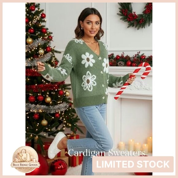 Floral Knit Cardigan Open Front V-Neck Long Sleeve Chunky Elegant Chic - Picture 2 of 7